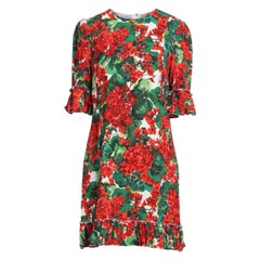 Dolce & Gabbana Red Green Viscose Geranium Floral Midi Dress Flowers Poplin Mini