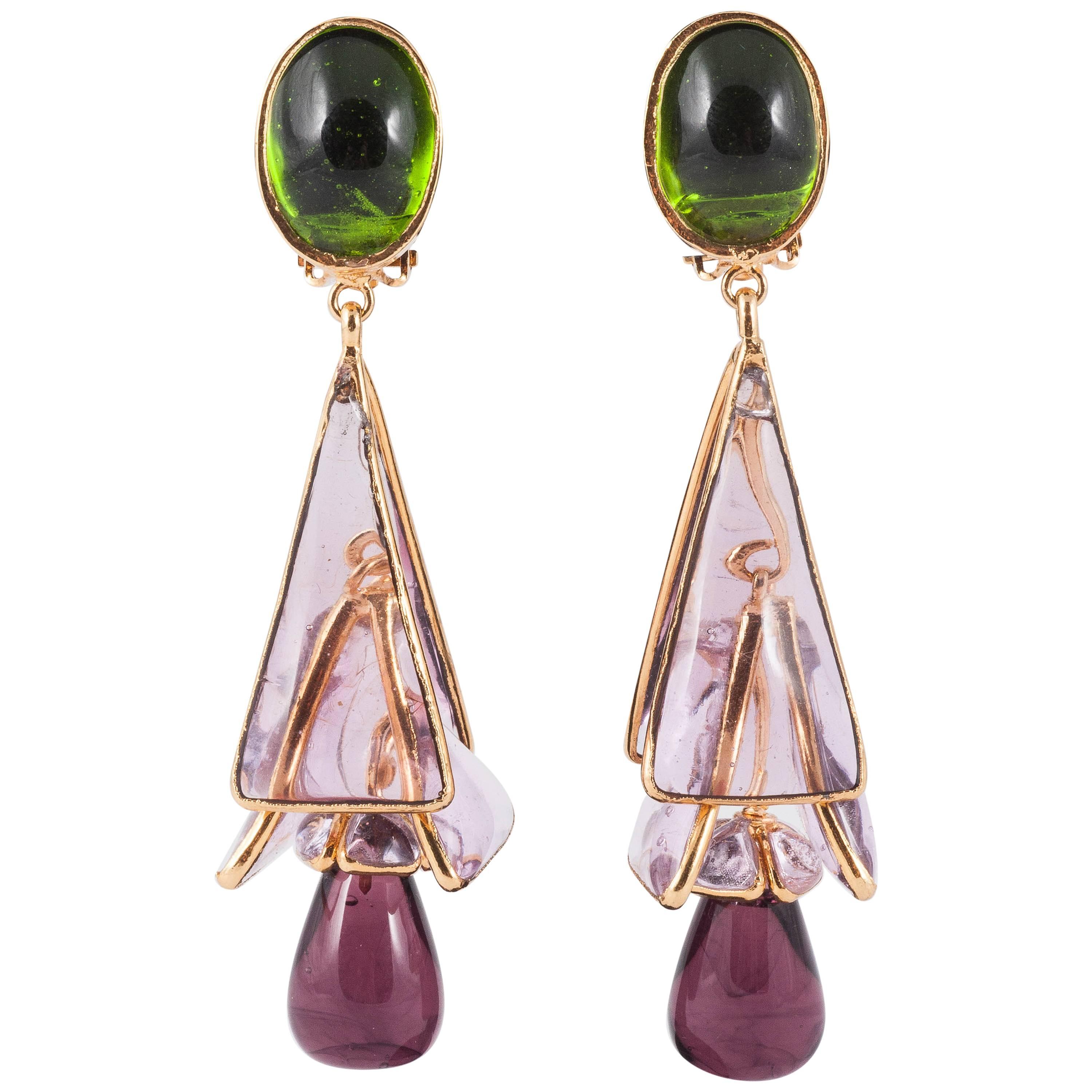 'WW' soft pastel poured glass 'Pyramides' drop earrings.