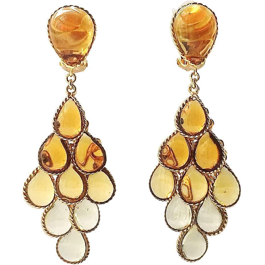  Graduated topaz to citrine poured glass and gilt articulated drop earrings For Sale