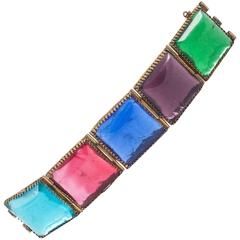 Foil backed, brass and glass panel bracelet, signed 'B Dawson'