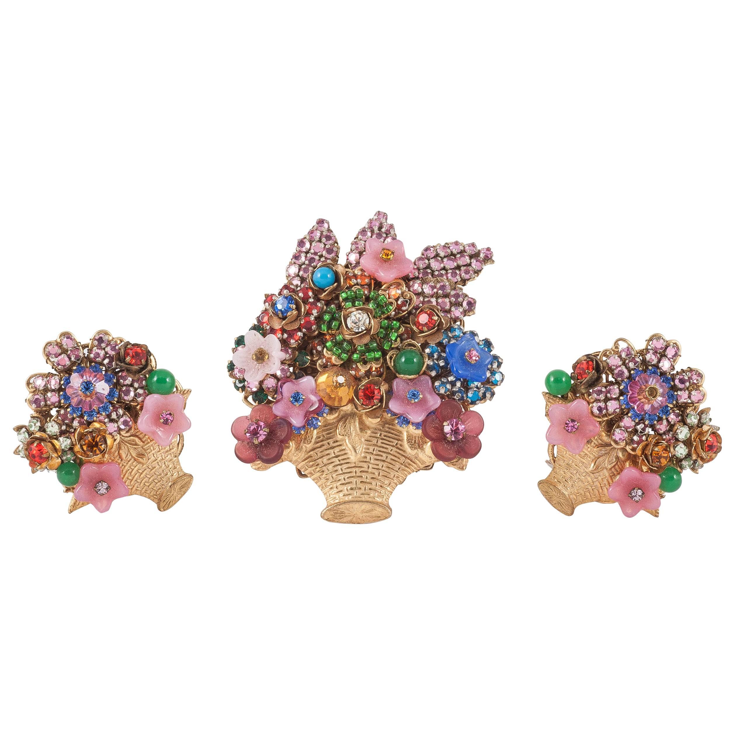 Stanley Hagler Tutti fruity basket of flowers brooch and earrings set 