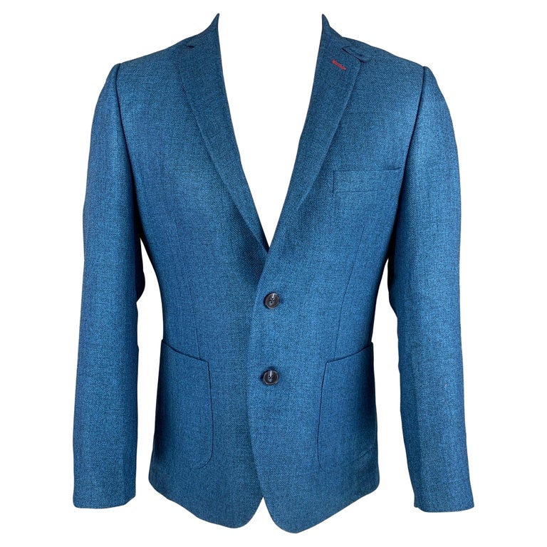 DEITX and CO. Size 38 Blue Herringbone Polyester Notch Lapel Sport Coat For Sale at 1stDibs