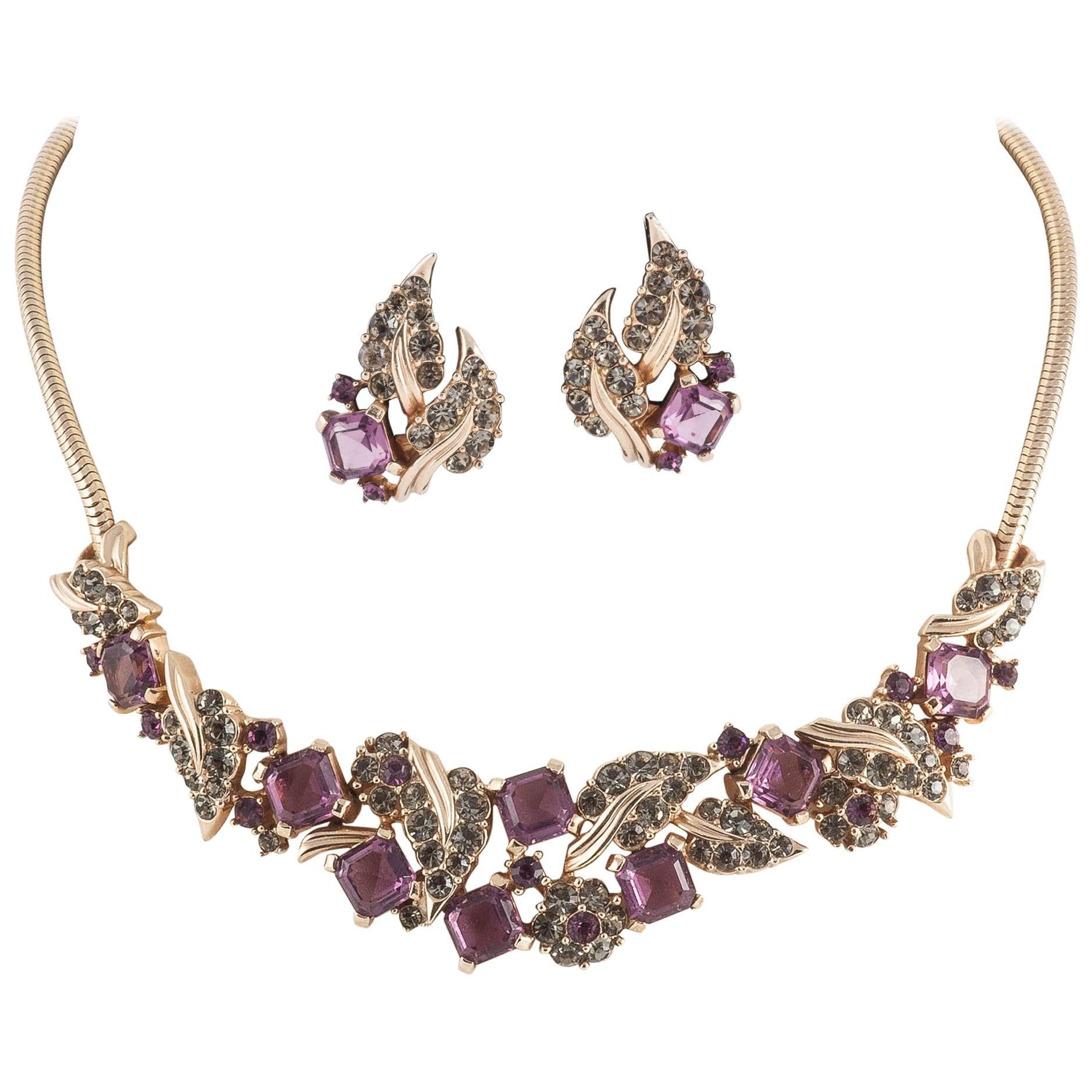 Marcel Boucher deep amethyst square cut/grey paste necklace and earrings