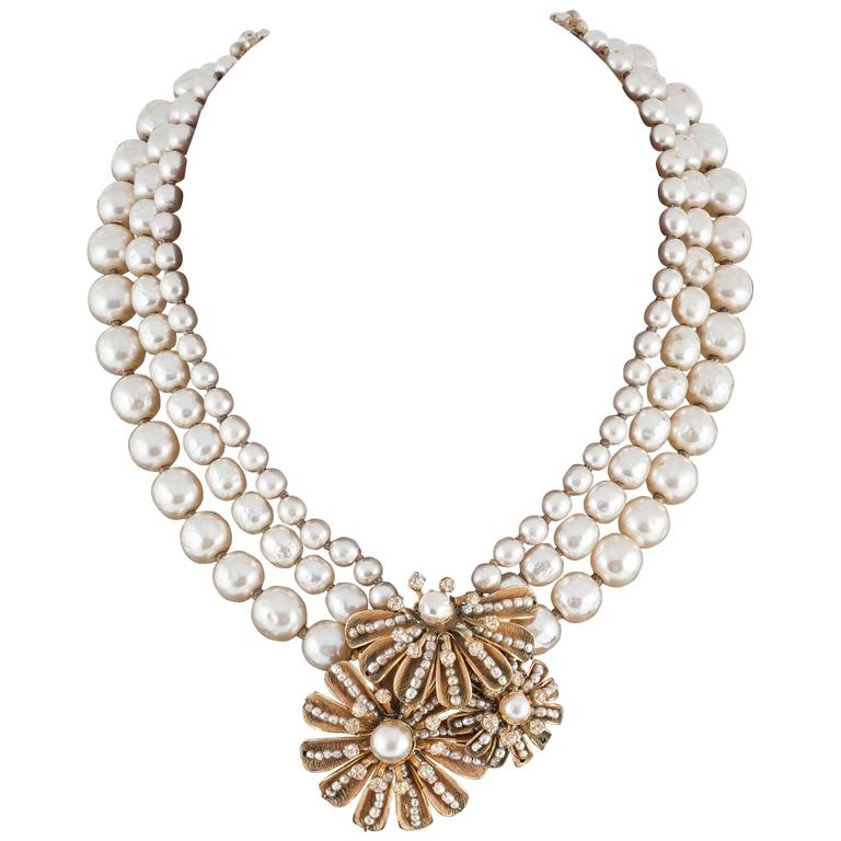Miriam Haskell three row baroque pearl necklace with floral centrepiece ...