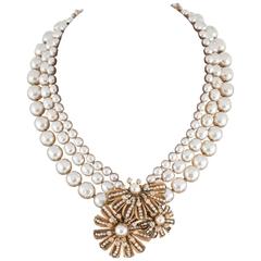 Miriam Haskell three row baroque pearl necklace with floral centrepiece 7
