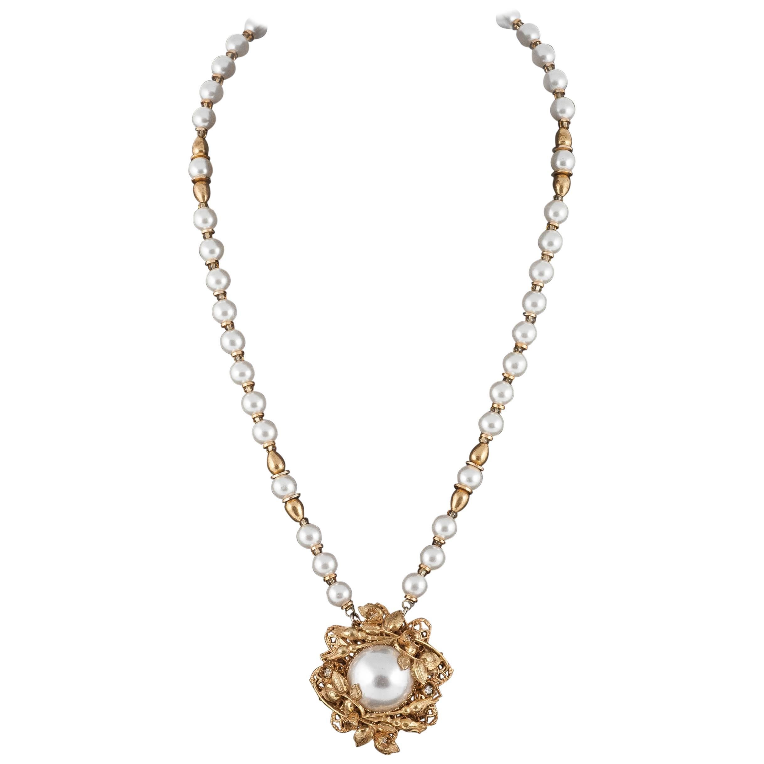 Wonderfully intricate Stanley Hagler NYC 1980s pearl and Russian gilt pendant 