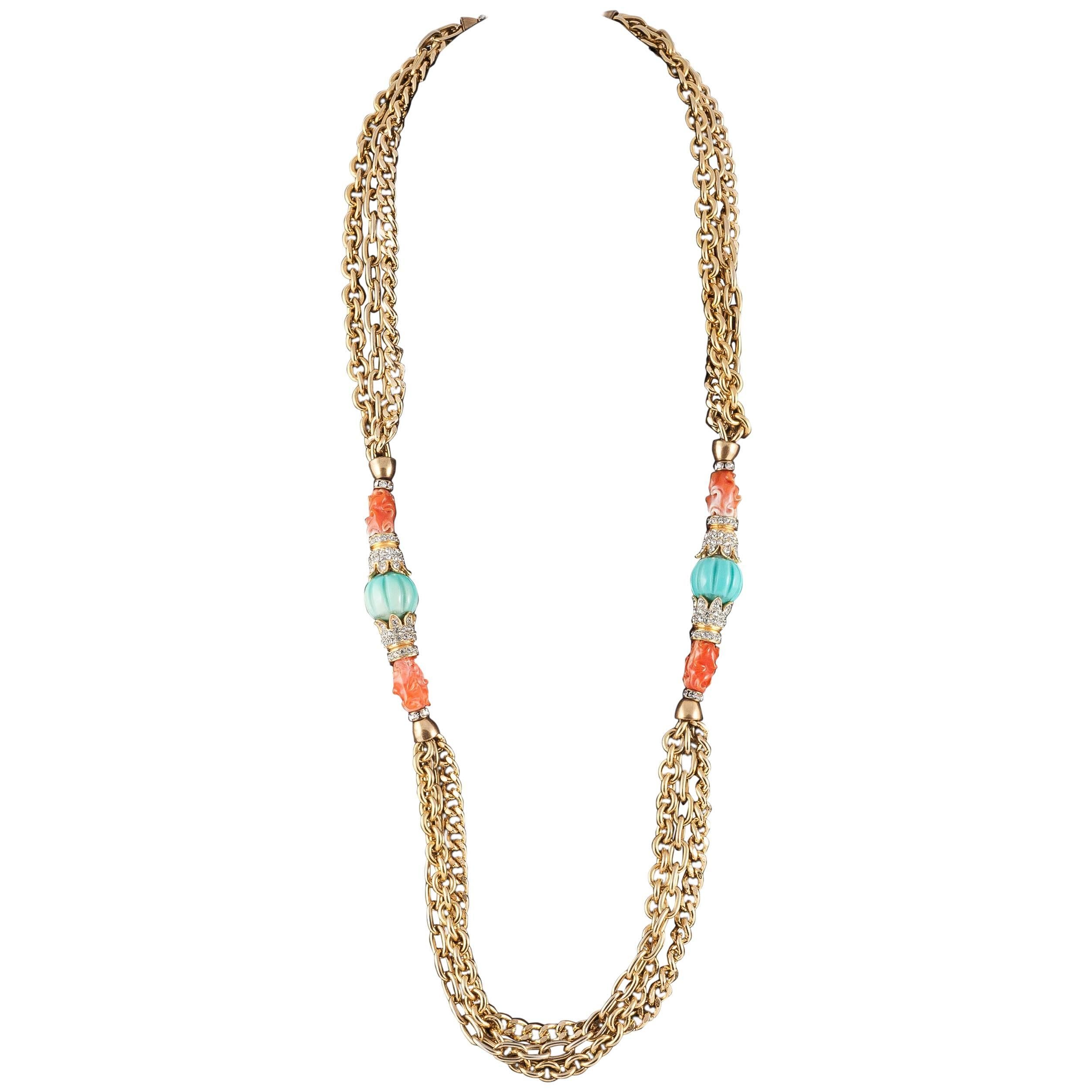 1970s Kenneth Jay Lane faux coral and turquoise multichain sautoir