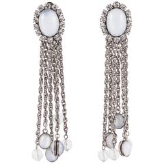 1970s silvertone and opaline glass super long earrings