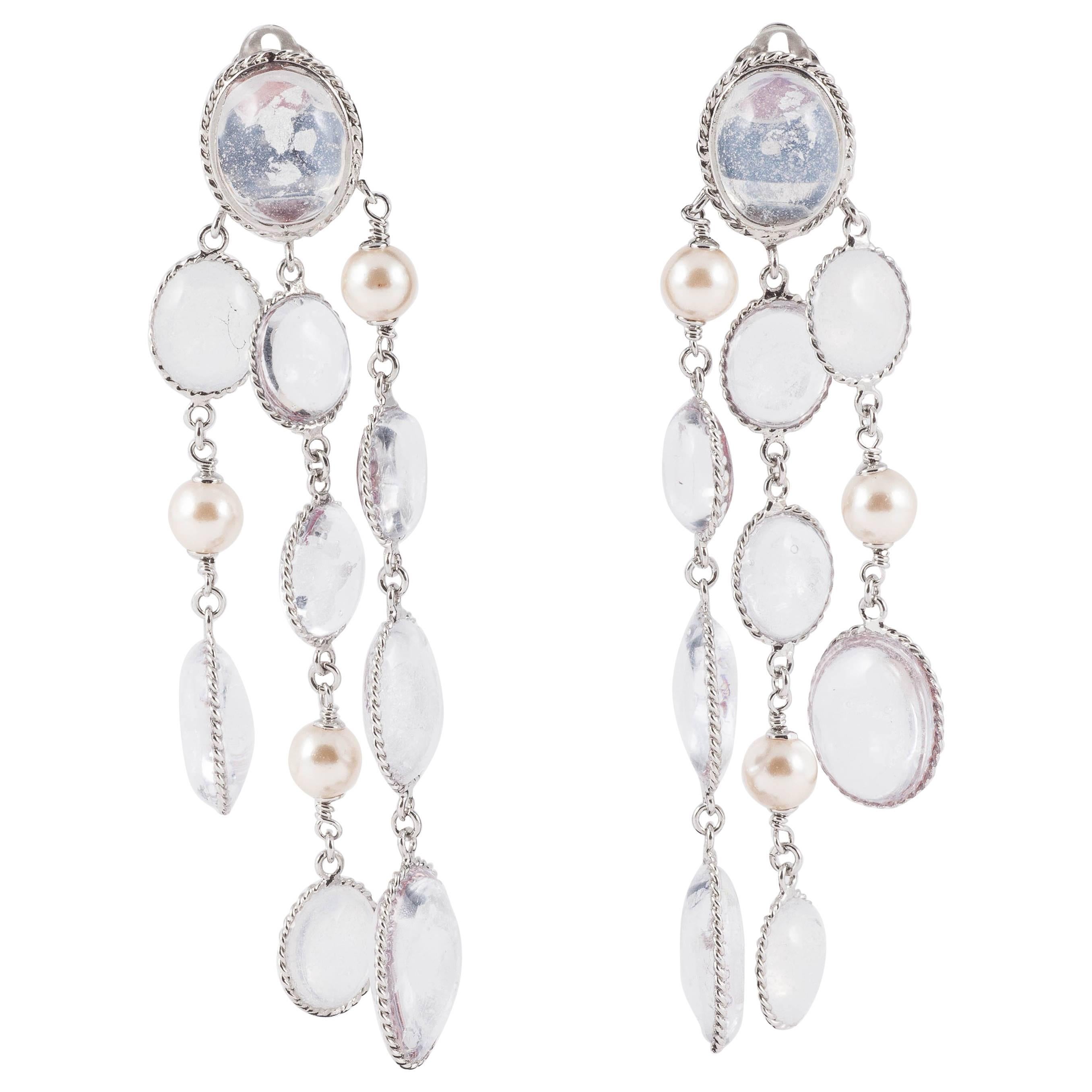 Clear poured glass and silver leaf multi strand drop earrings, WW Collection. For Sale