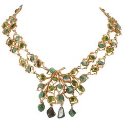 Unsigned Swoboda 1960s jade, peridot and 24k gilt organic necklace. 12
