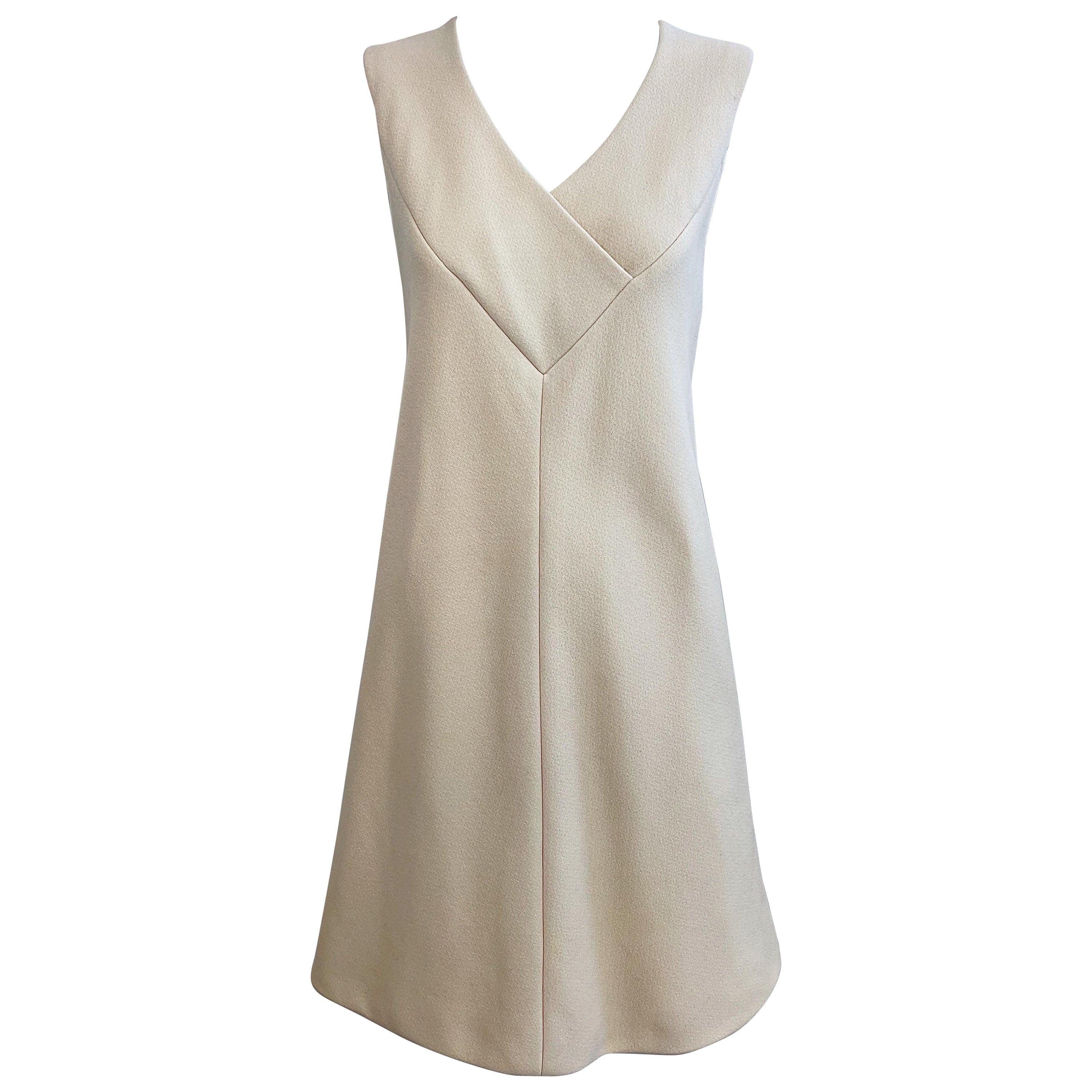 Pauline Trigere 1960s Ivory Off-White Sleeveless Vintage Wool A - Line 60s Dress
