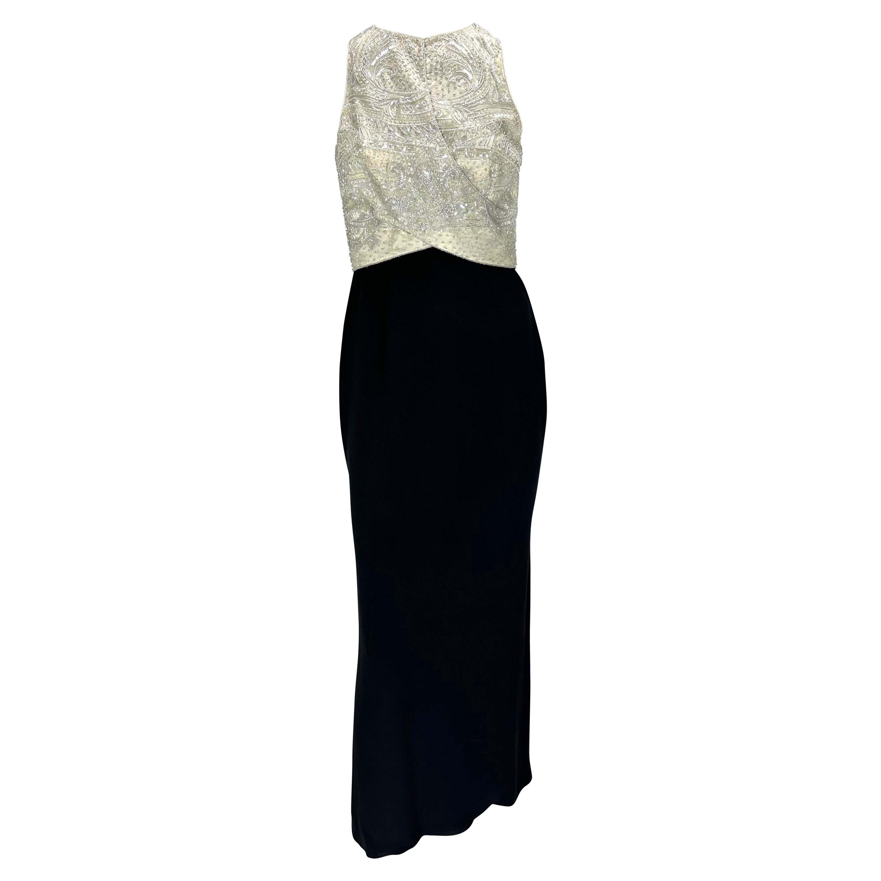 S/S 1996 Giorgio Armani Runway Ad Beaded Black White Crossover Gown (Robe croisée avec perles) en vente