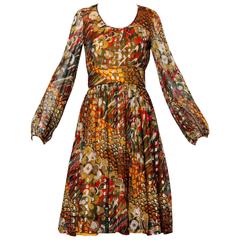 1970s Mardi Gras Metallic Feather Print Cocktail Dress