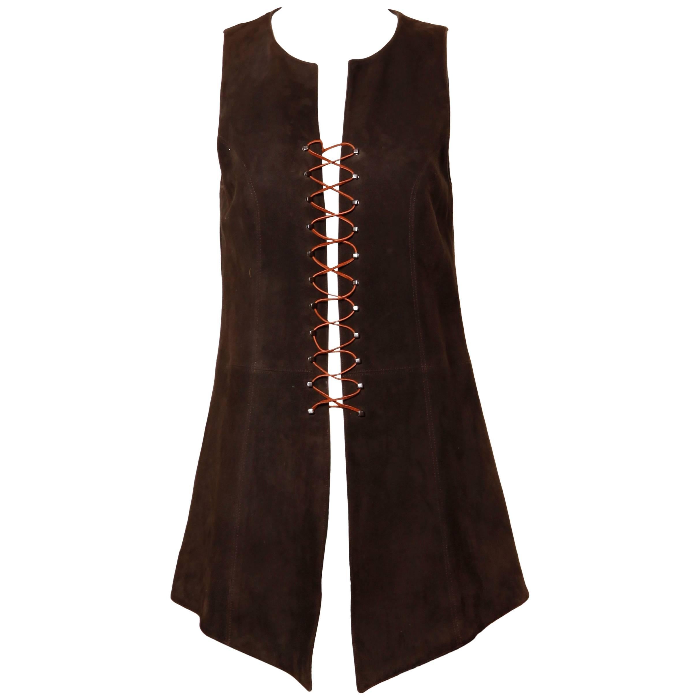 Christian Lacroix Vintage Brown Suede Leather Lace Up Boho Tunic Vest