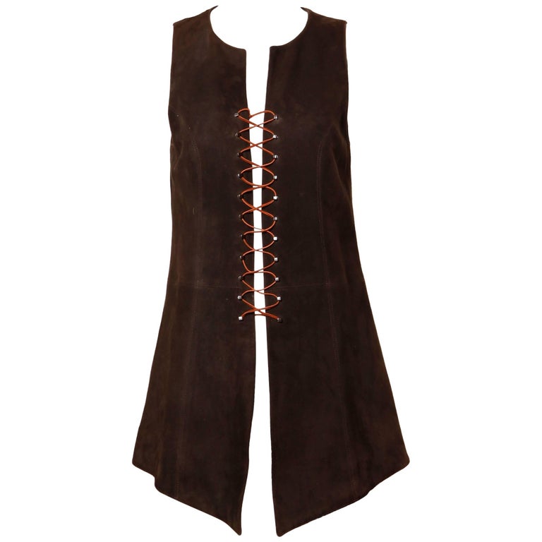 Christian Lacroix Vintage Brown Suede Leather Lace Up Boho Tunic Vest ...