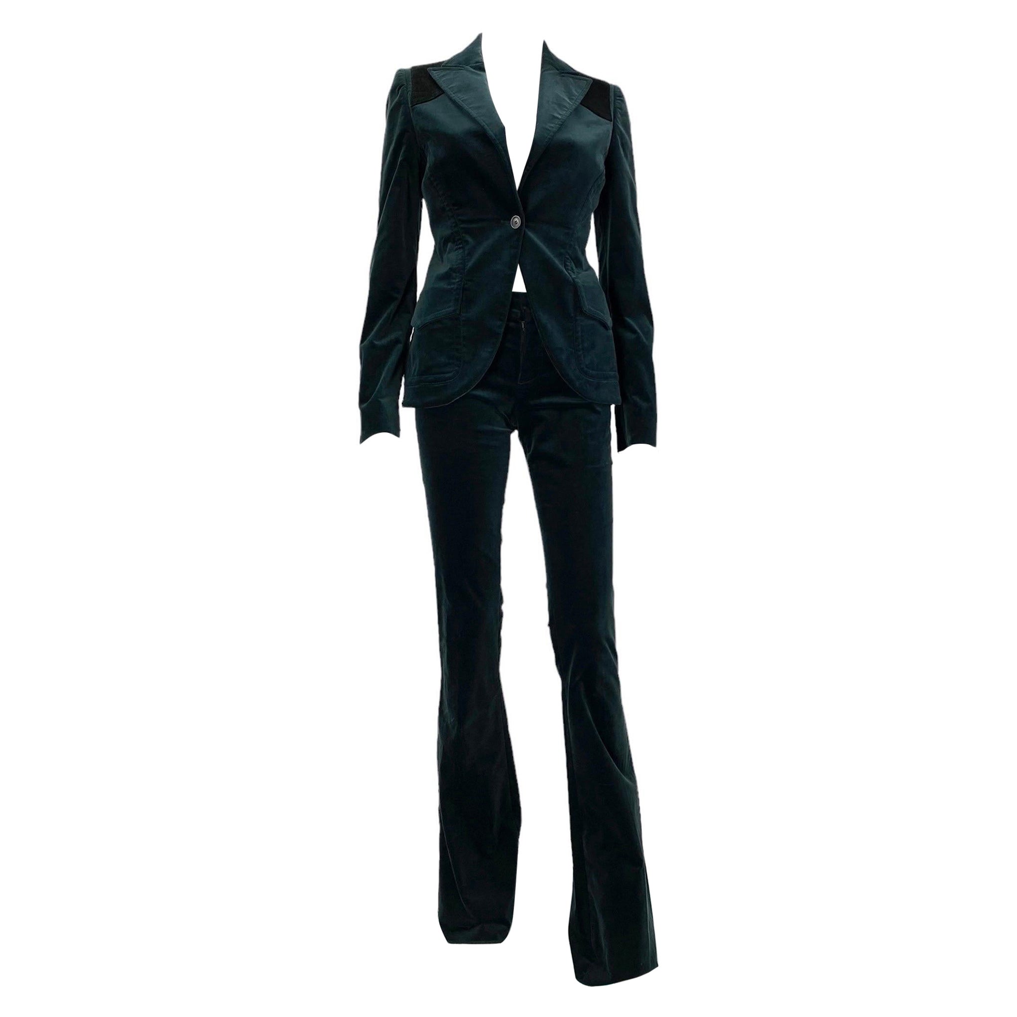 2005 Vintage Gucci Dark Green Velvet Pant Suit 38 - 2 For Sale