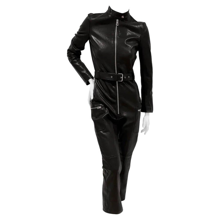 Unique Vintage 1970s Black Faux Leather Belted Jumpsuit