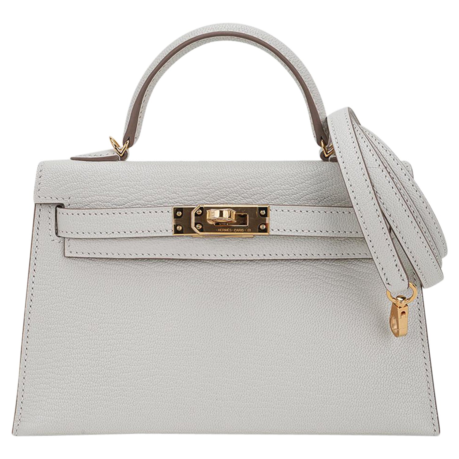 Hermes Special Order (HSS) Kelly Sellier 28 Gris Agate and Gris Perle  Ostrich Brushed Gold Hardware - Grey / New or Never…