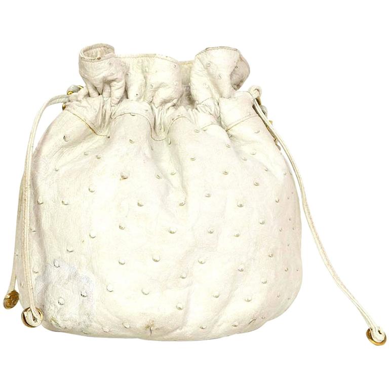 Chanel White Vintage Ostrich Drawstring Crossbody Bag GHW For Sale at