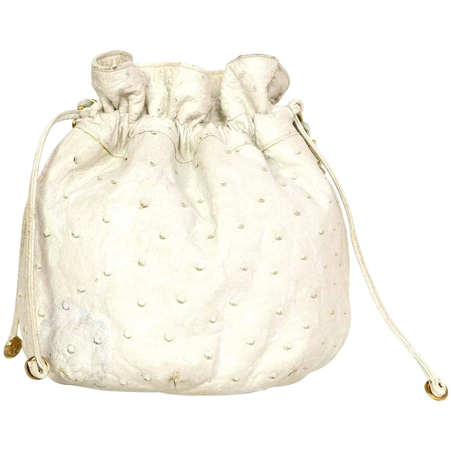 Chanel White Vintage Ostrich Drawstring Crossbody Bag GHW