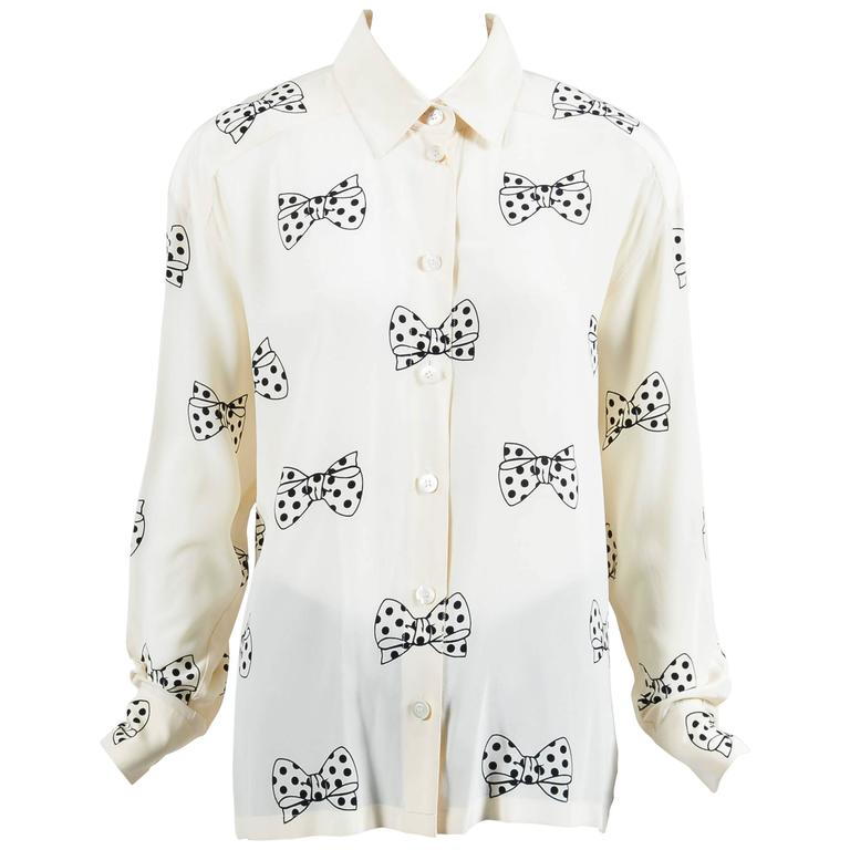 Vintage Escada by Margaretha Ley Cream Black Silk Bow Printed LS Blouse ...