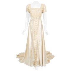Antique 1910s Ivory Crème Embroidered Net-Lace & Silk Satin Trained Bridal Gown 