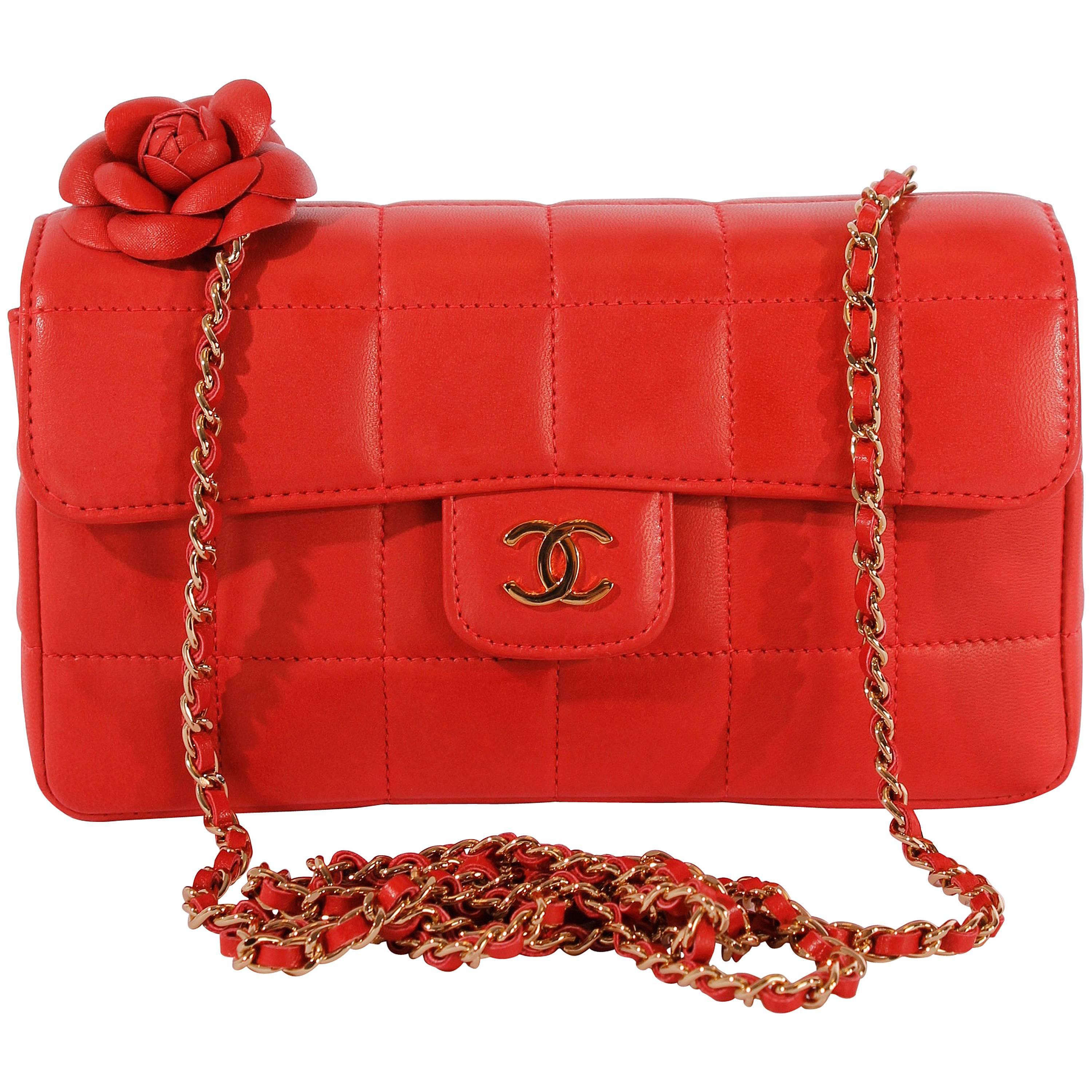 2005 Chanel Square Quilt Camellia Mini Flap Bag - coral/gold
