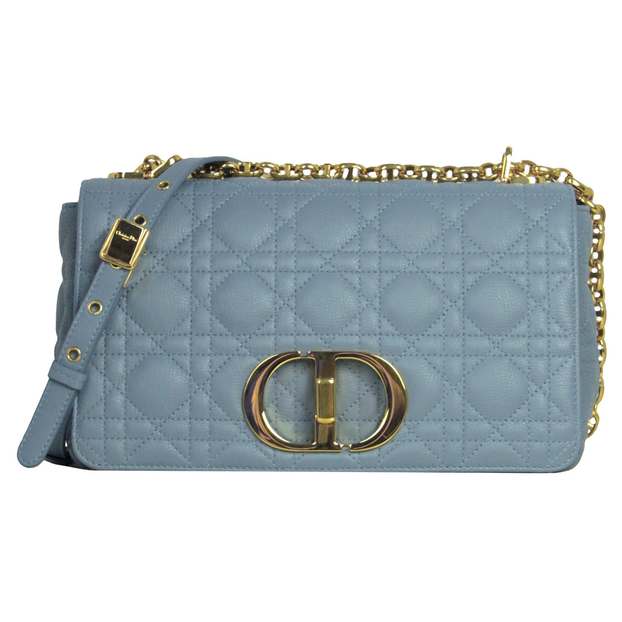 Christian Dior Blue Calfskin Leather Cannage Medium Caro Bag