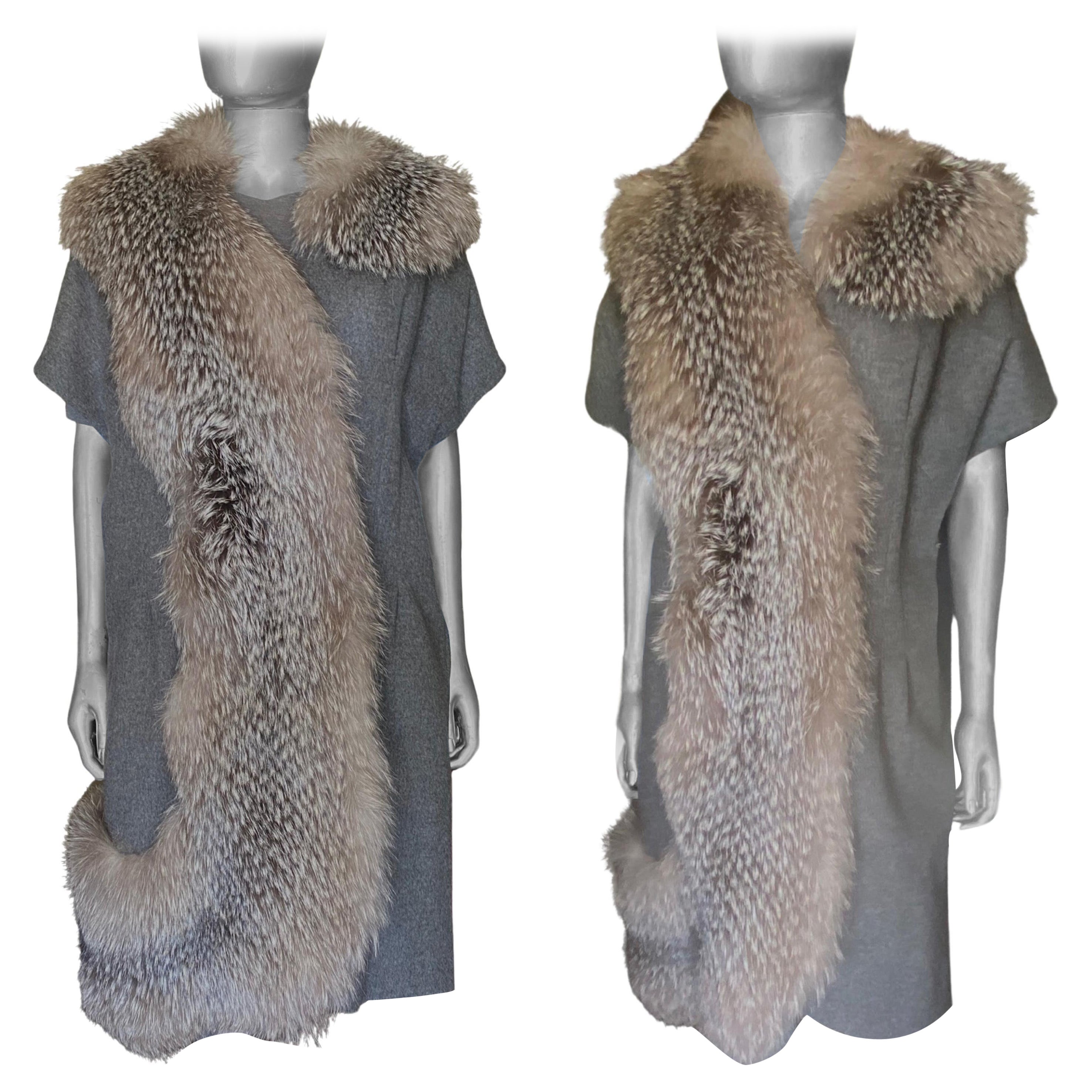 French Chic! From the French House of Vionnet, Paris. Purchased for a Hollywood Celebrity Fashionista and never used! NWT. Beautifully made (looks Couture) in ITALY. Cashmere and wool Kimono (short sleeve) coat with amazing tan/brown/grey Fox fur