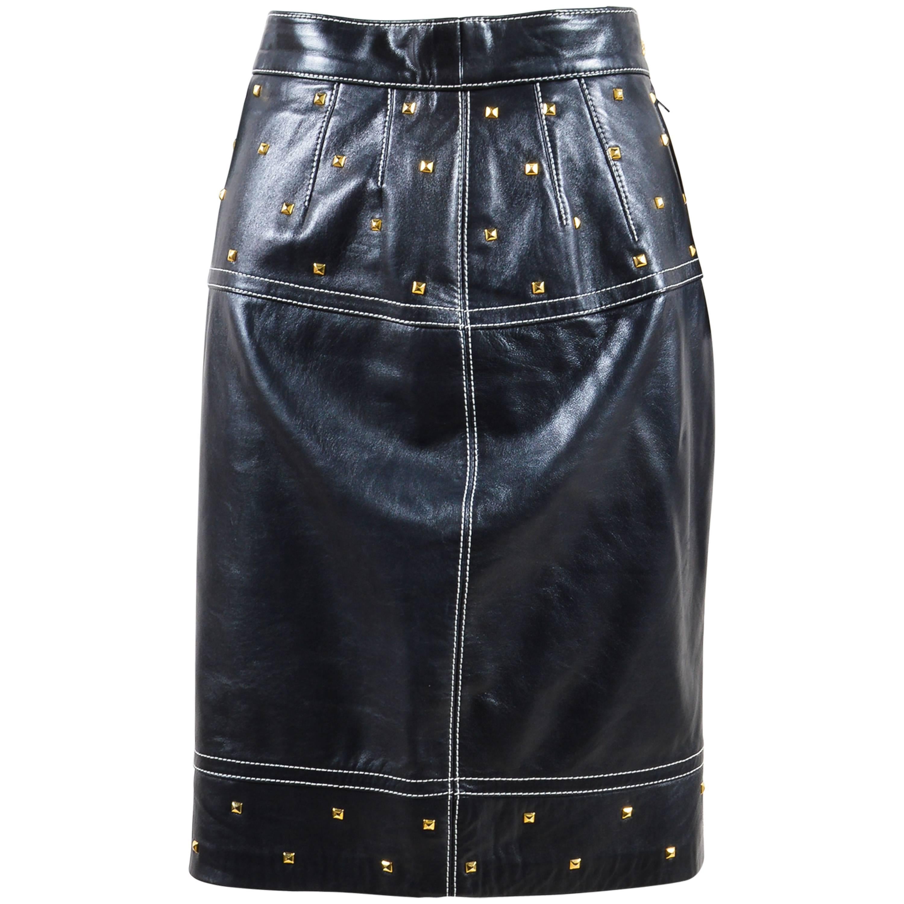 Vintage Escada Black Gold Tone Leather Studded Embellished Pencil Skirt Sz 34 For Sale