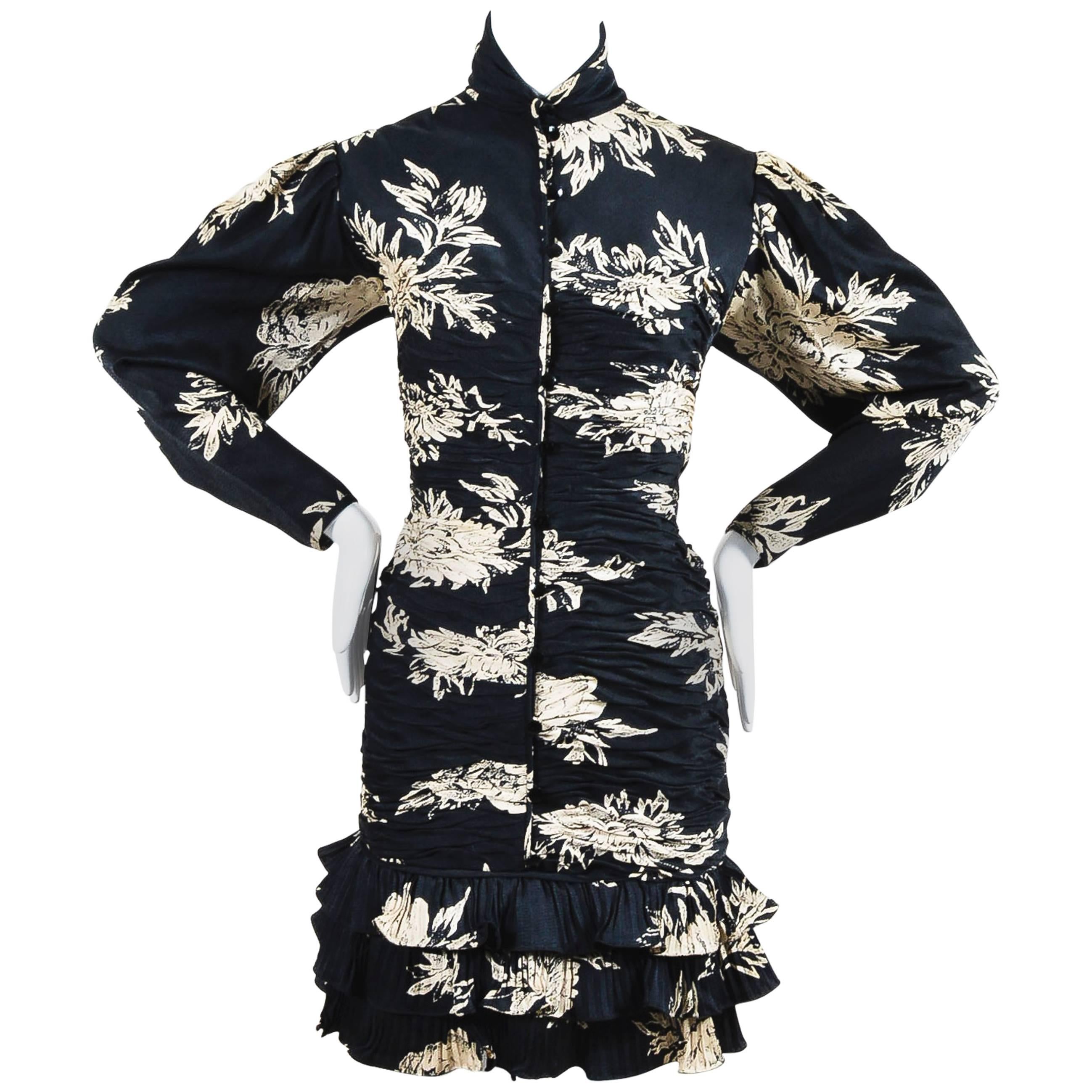Vintage Emanuel Ungaro Parallele Black Floral Print Ruched LS Buttoned Dress