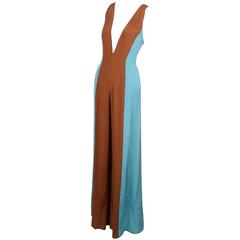 Vintage Lorenzo Riva Blue/Brown Color Block Sleeveless Silk Jumpsuit 