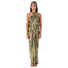 Vintage 1970S DONALD BROOKS Gold Lamé & Green Silk/Lurex Floral Gown With Turban