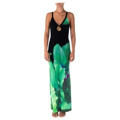2000S ROBERTO CAVALLI Black Poly Blend Jersey Gown With Large Green Tropical Fl