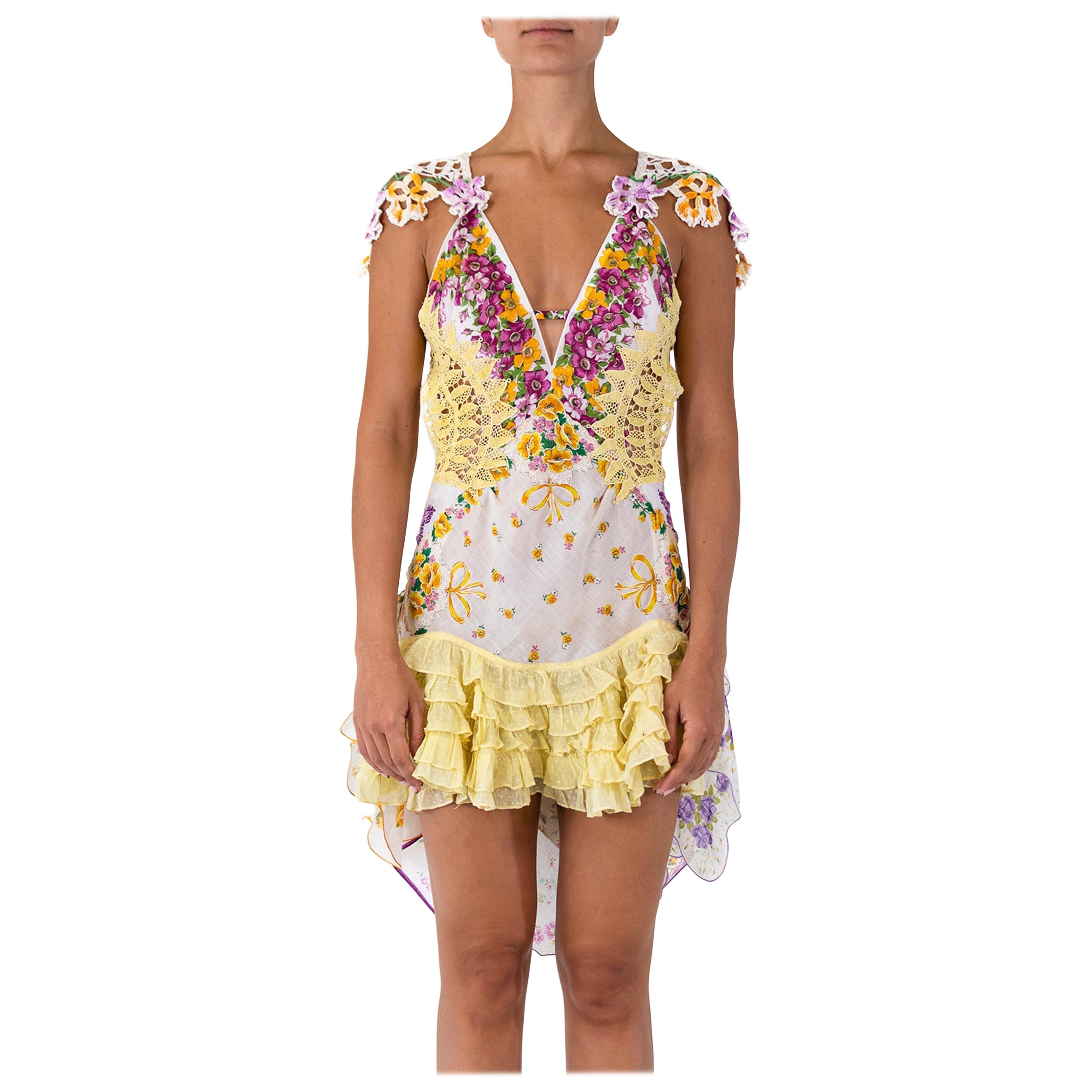 MORPHEW ATELIER Yellow & Purple Floral Cotton 1940S Hanky 1930S Lace Dress For Sale