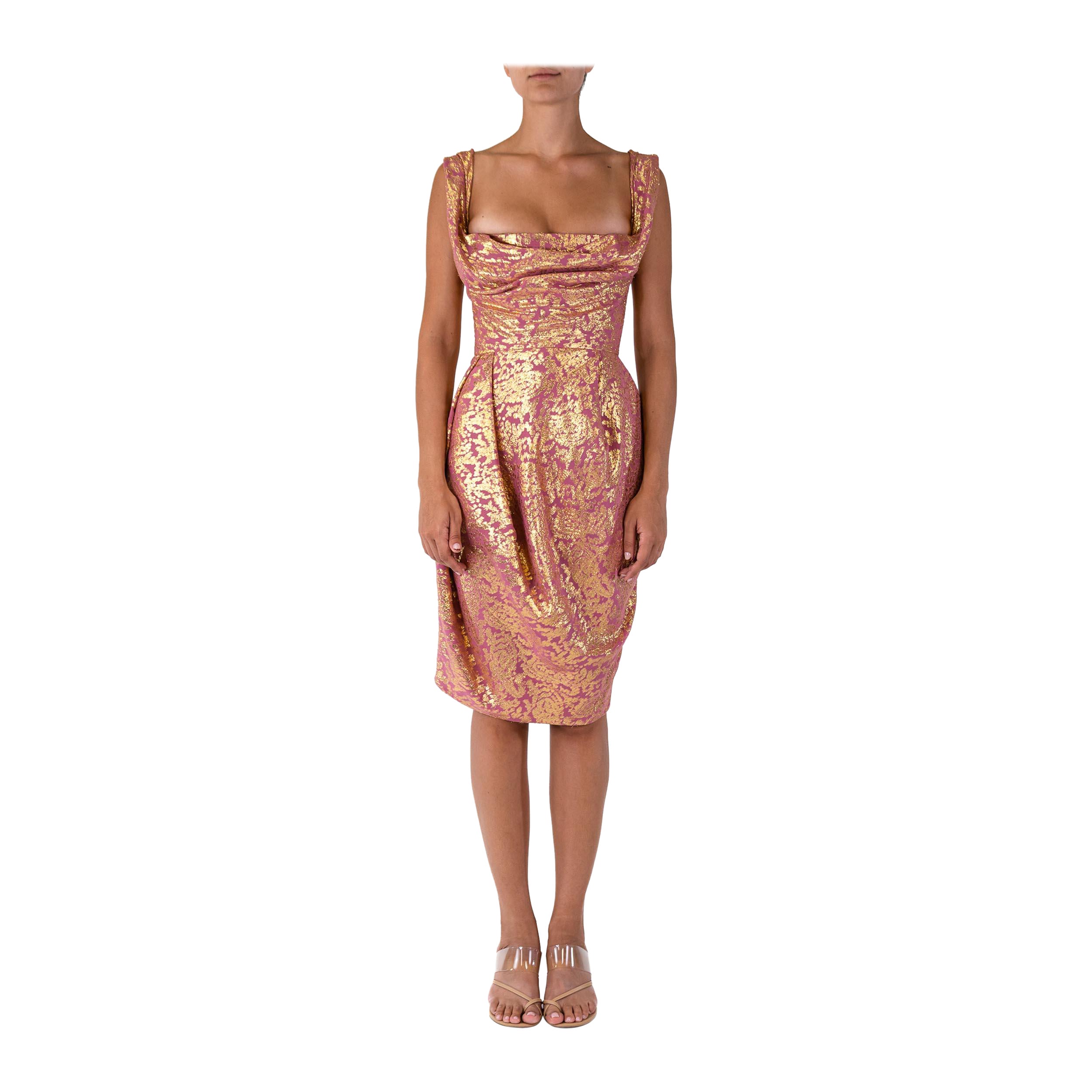 2000S VIVIENNE WESTWOOD Pink & Gold Silk Lurex Lamé Corseted Cocktail Dress For Sale