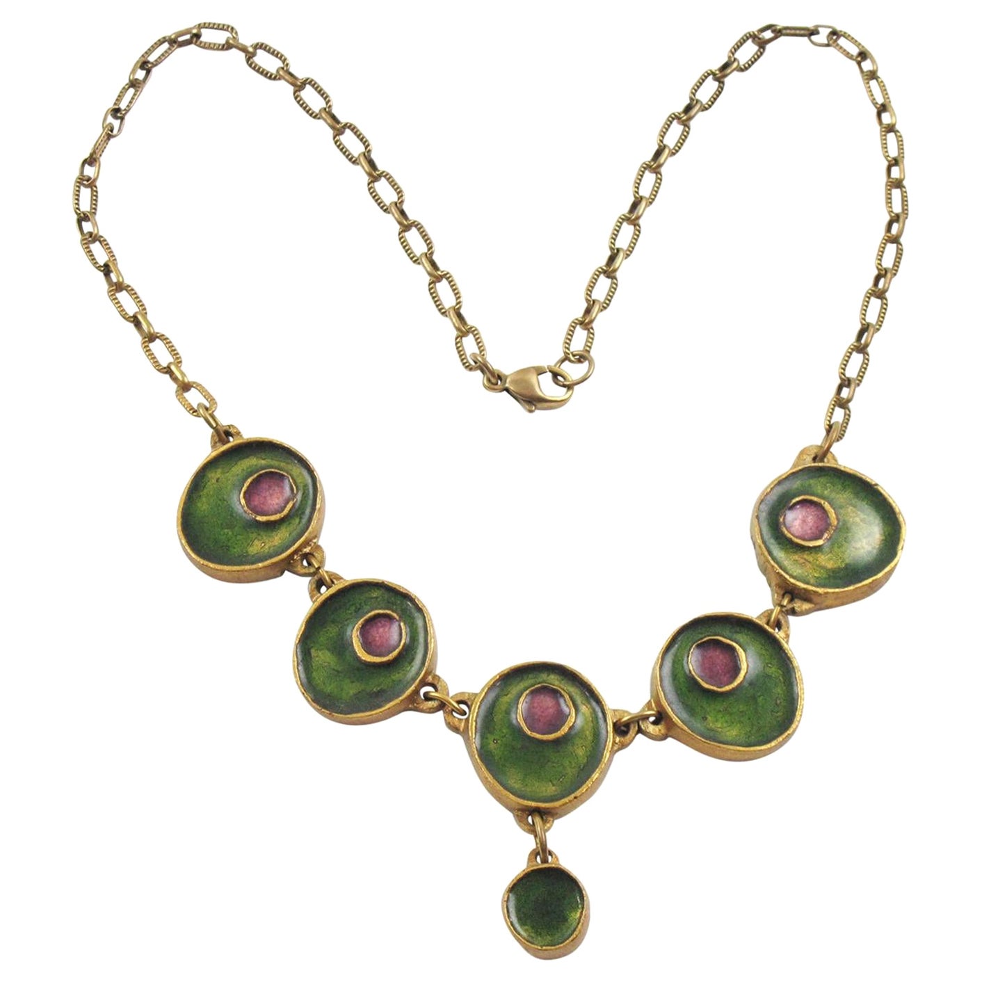 Gilded Bronze Choker Necklace with Green and Purple Enamel For Sale