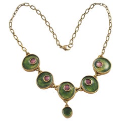 Retro Gilded Bronze Choker Necklace with Green and Purple Enamel