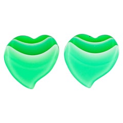 Pop Art Lucite Heart Clip Earrings in Green Shade