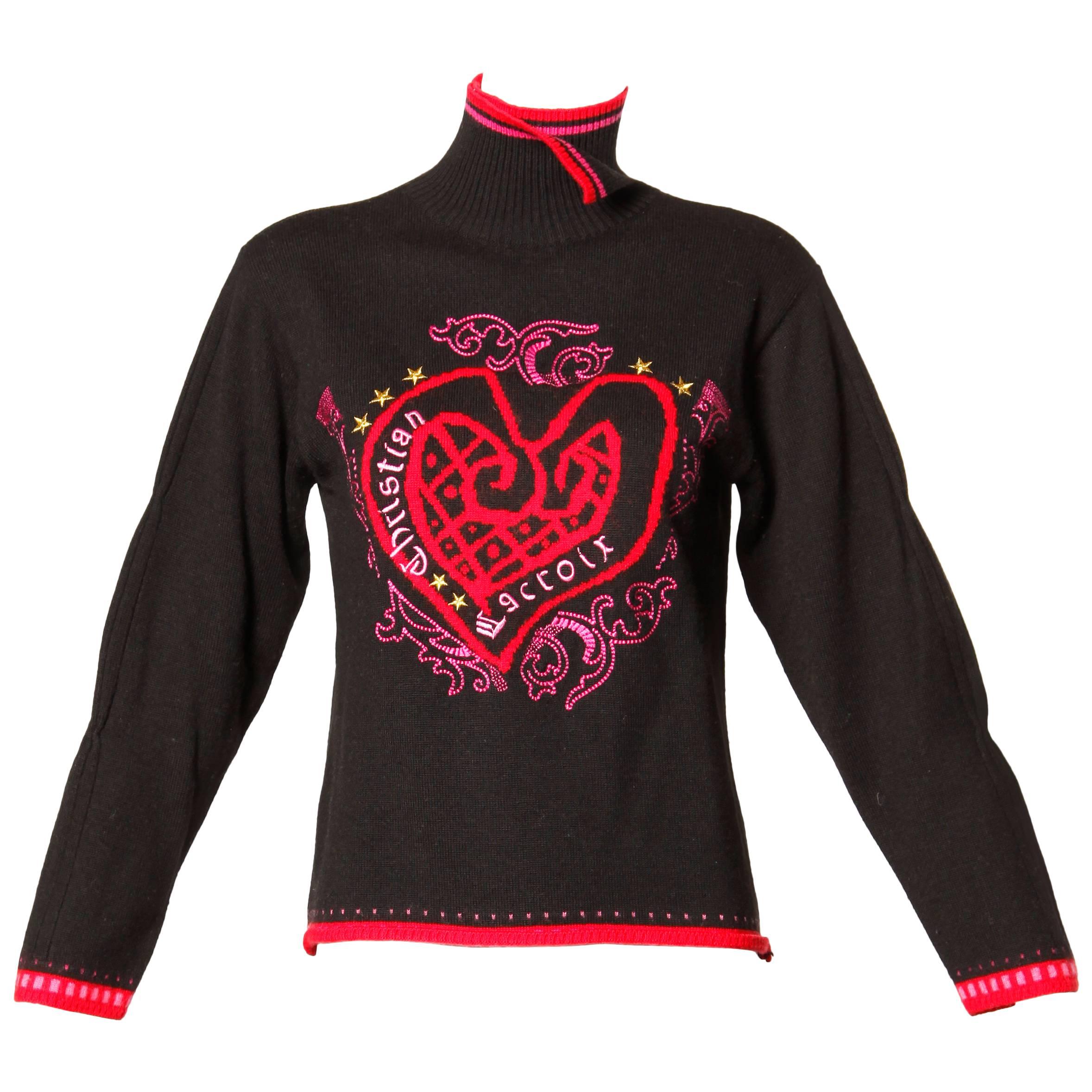 Christian LaCroix Vintage 1990s Heart Design Turtleneck Knit Sweater or Jumper