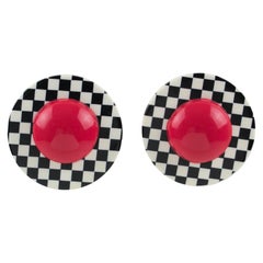 Kaso Lucite Clip on Earrings Black and White Checkerboard