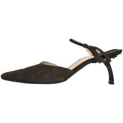 Circa 1989 Chanel Futuristic Design Brown Suede Ankle Strap 3 inch Heels FR41 9