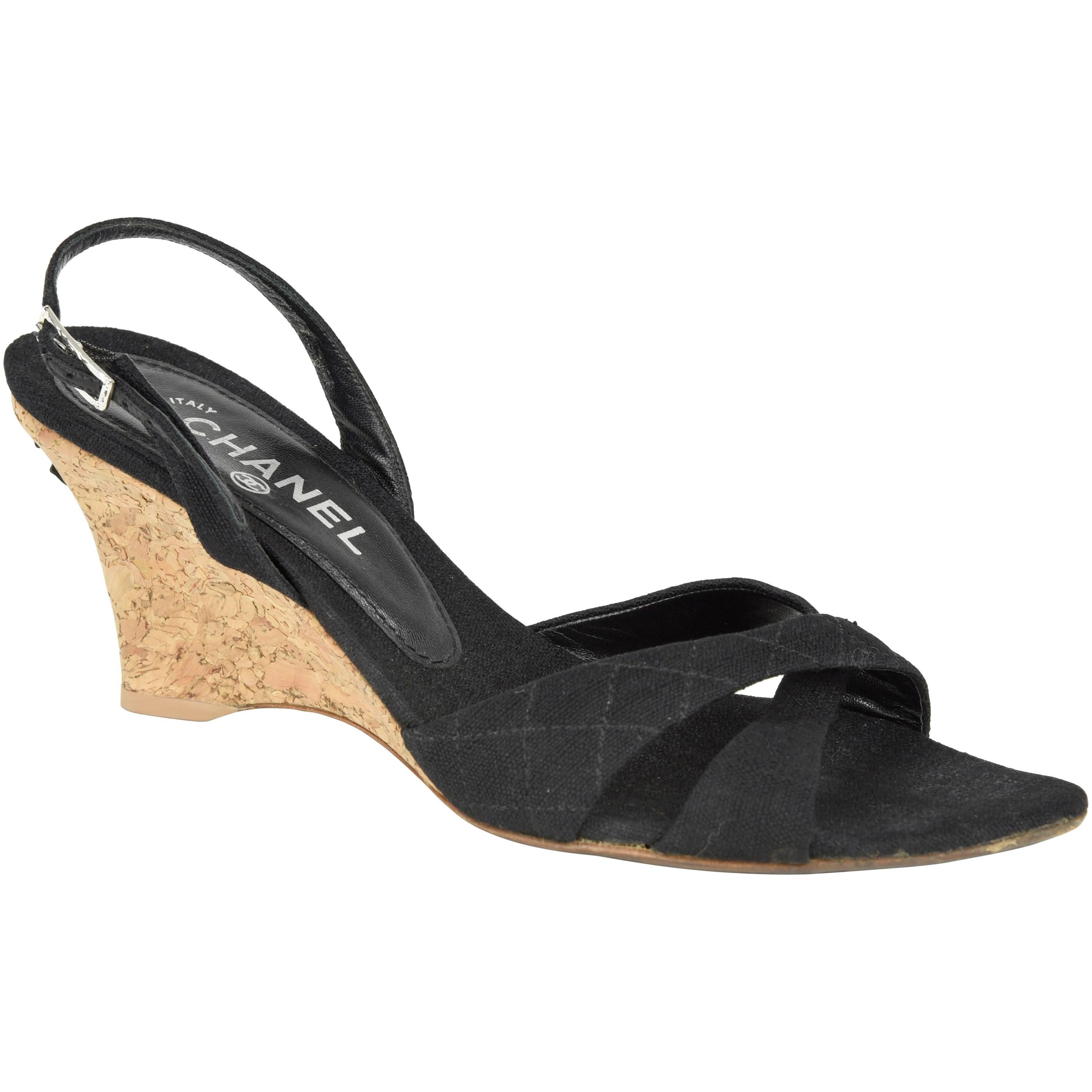 2000s Chanel Cork Wedge  and Black Fabric Sling Back Sandal  3" Heels FR 41 For Sale