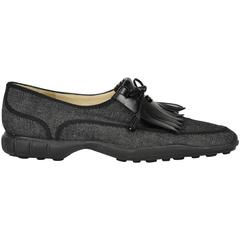 2010s Chanel Black Denim Loafers with Black Leather Bow and Fringe Size 10 11