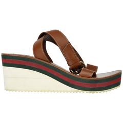 2000s Gucci Brown, Red and Green Platform Sandals with Ankle Wrap, Size 10 B