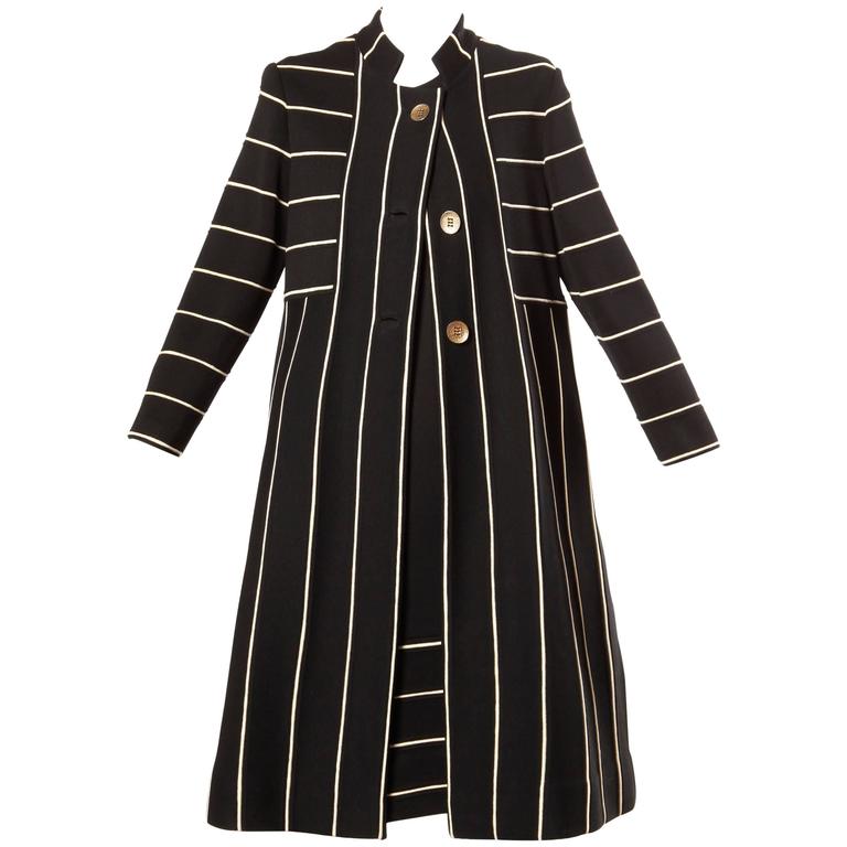 1960s Vintage Black + White Striped Wool Knit Coat + Dress Ensemble at