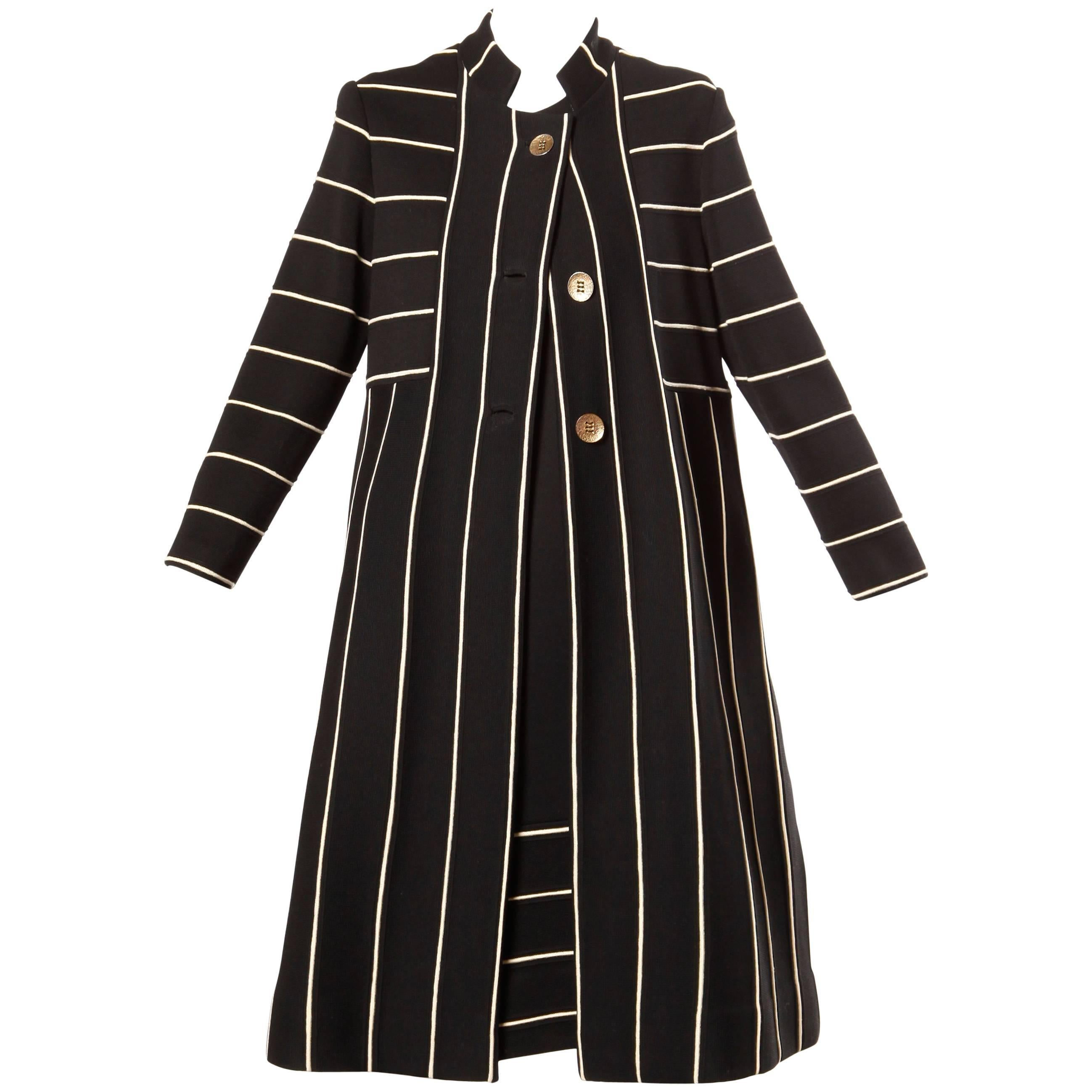 Black and White Striped Knitted Women Coat