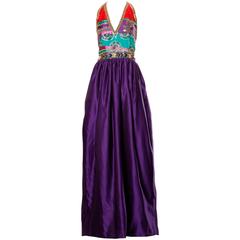 1970s Silk Satin Evening Gown with Beaded + Sequin Plunging Neckline 4