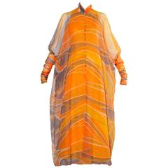 1970s Erna Beverly Hills Vintage Orange Op Art Print Caftan Maxi Dress 8