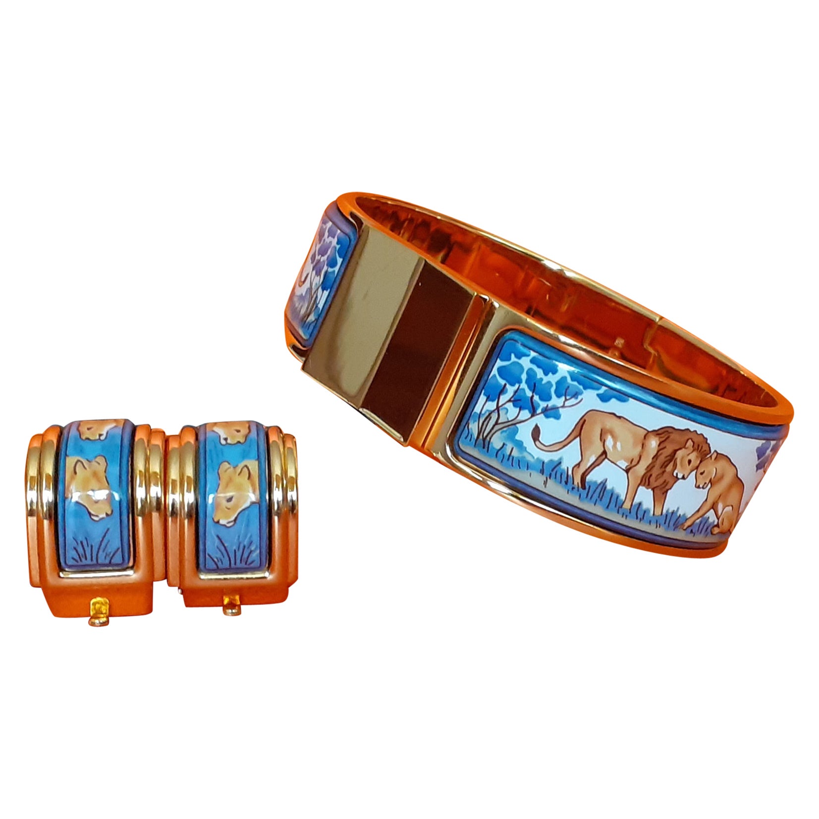 Hermès Set Clic Clac Bracelet et boucles d'oreilles assorties Lions et Lionnes Bleu Ghw en vente